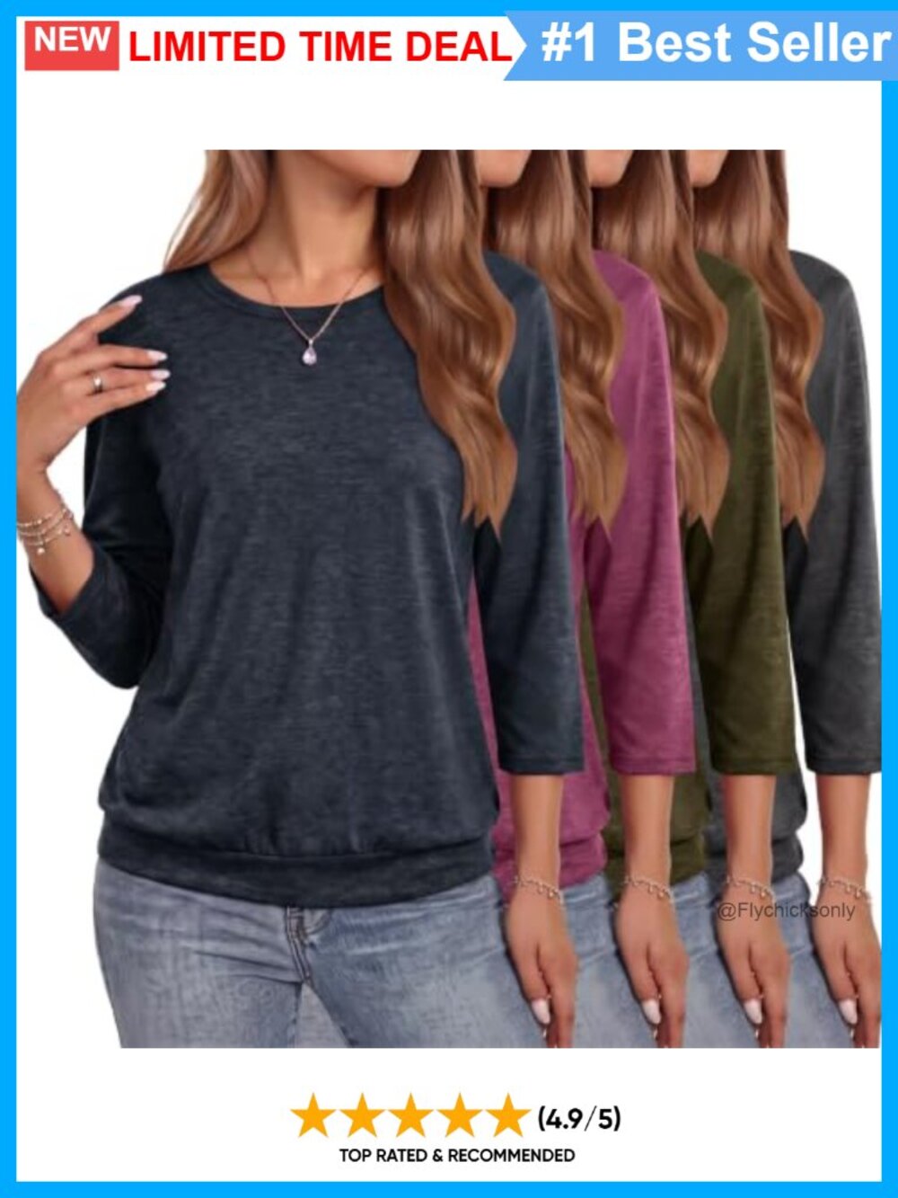 Women's 3/4 Ruffle Sleeve Crew Neck Tunic Top Casual Blouse